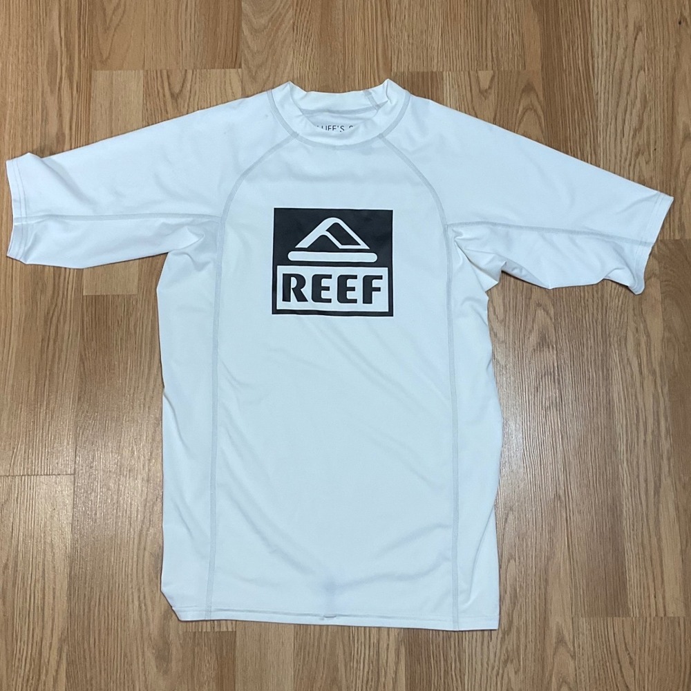 Reef Mens White Short Sleeve Rash Guard Surf Shirt Logo Graphic Size Large